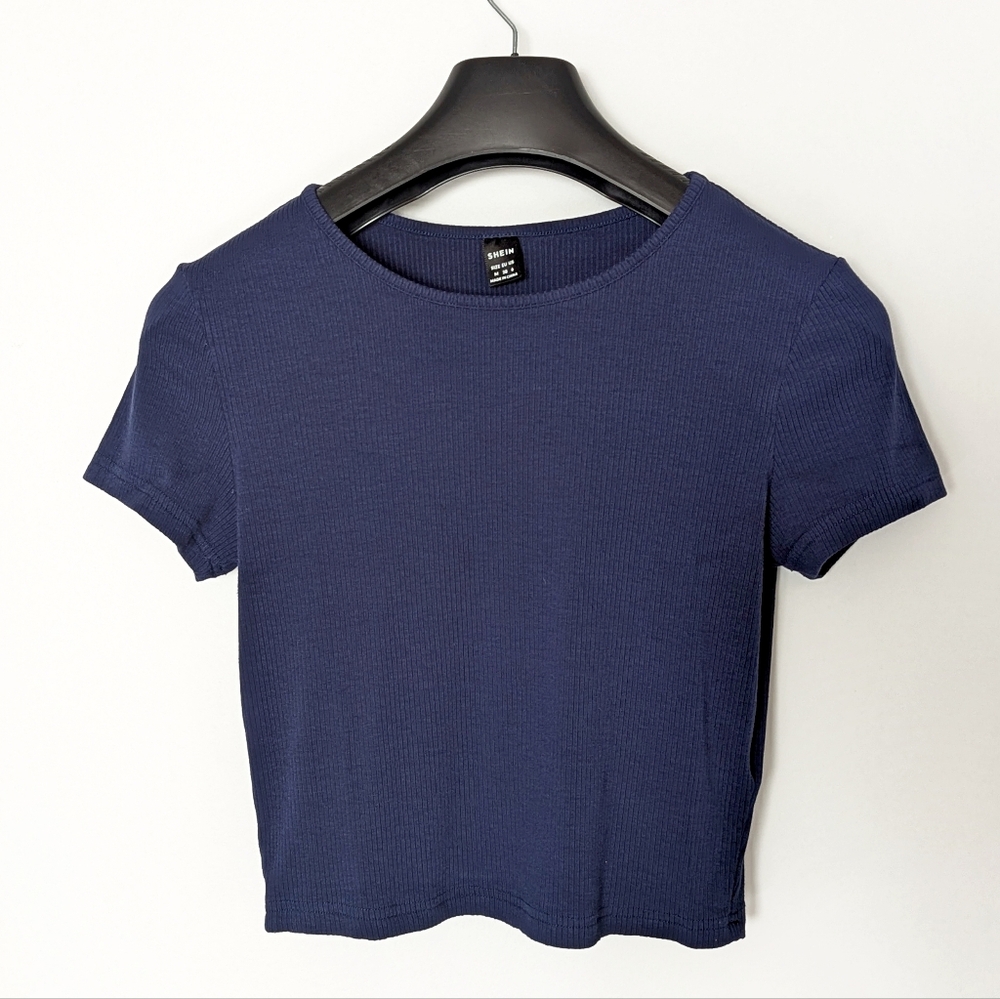 SHEIN - T-Shirt Cropped Short Sleeve Rib Knit Round Neck Navy Blue Medium